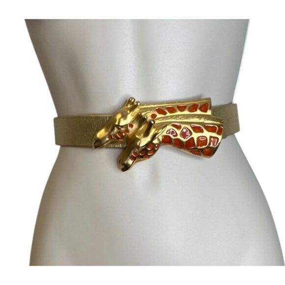 Giraffe Statement Belt Gold Leather 37 inch Double Giraffe Head - Picture 1 of 5